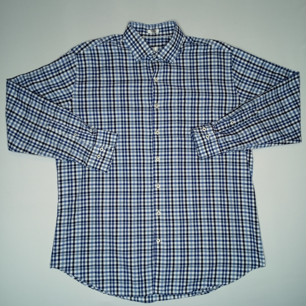 Peter Millar Mens XL Button Up Long Sleeve Casual Shirt Blue/Black/Wht Check